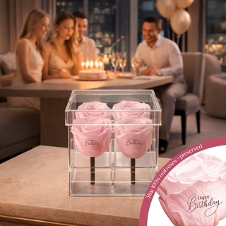 Luxara Cua – Happy Birthday - 4 Personalized Roses - 100% Real (Preserved-Eternal)
