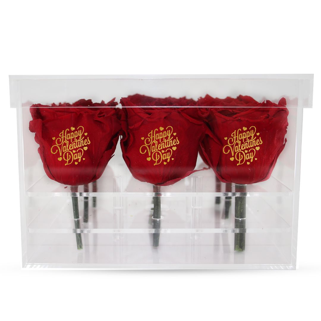 Valentine's day - Happy Valentines Day - Acrylic Square Box (9 Preserved Rose Stem)