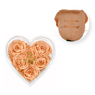 Love blooms, happy anniversary! - Heart Acrylic Box  (6 Preserved Stems)
