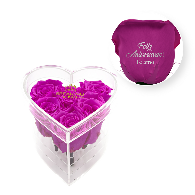 Feliz aniversario! Te amo - Heart Acrylic Box (6 Preserved Stems)