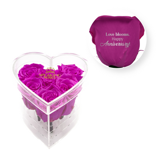 Love blooms, happy anniversary! - Heart Acrylic Box  (6 Preserved Stems)