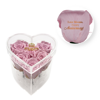 Love blooms, happy anniversary! - Heart Acrylic Box  (6 Preserved Stems)