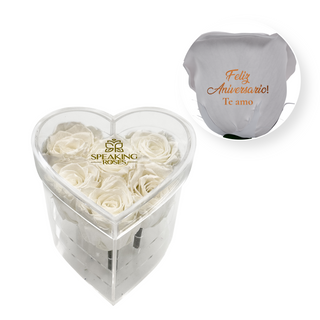 Feliz aniversario! Te amo - Heart Acrylic Box  (6 Preserved Stems)