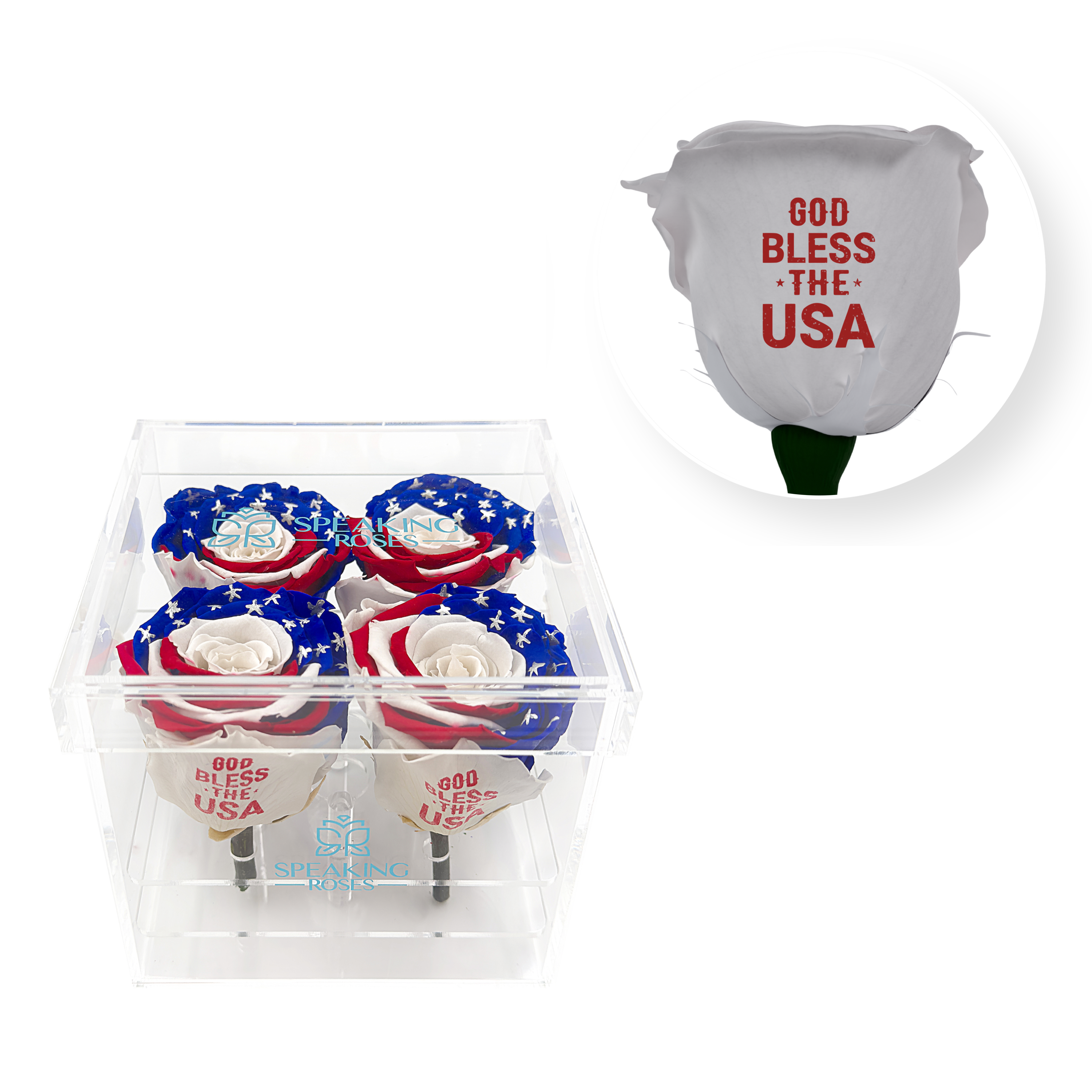 God bless the USA - Acrylic Square Box (4 Preserved Stem)