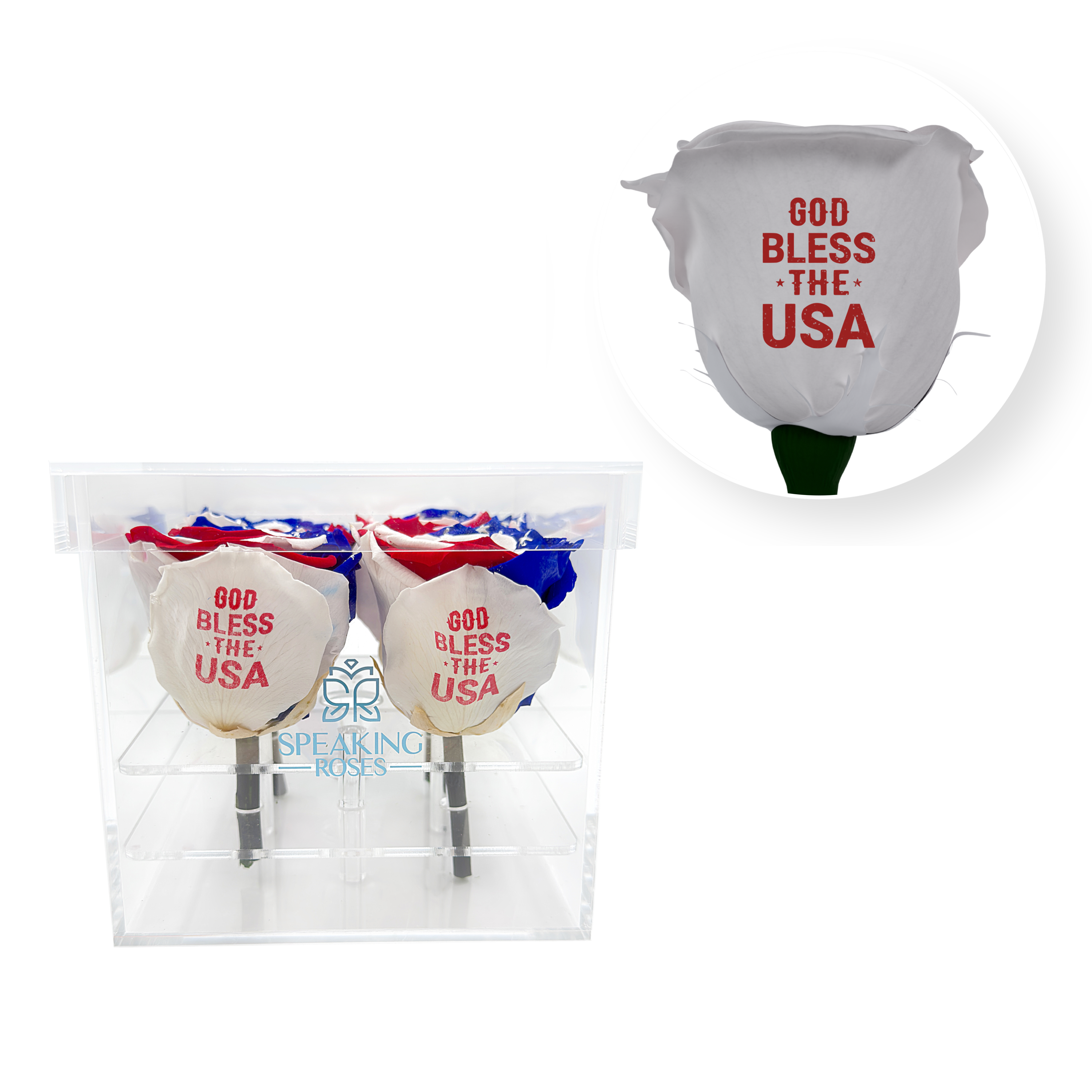 God bless the USA - Acrylic Square Box (4 Preserved Stem)