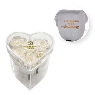 Love blooms, happy anniversary! - Heart Acrylic Box  (6 Preserved Stems)