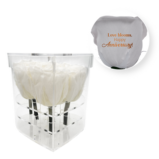 Love blooms, happy anniversary! - Heart Acrylic Box  (6 Preserved Stems)