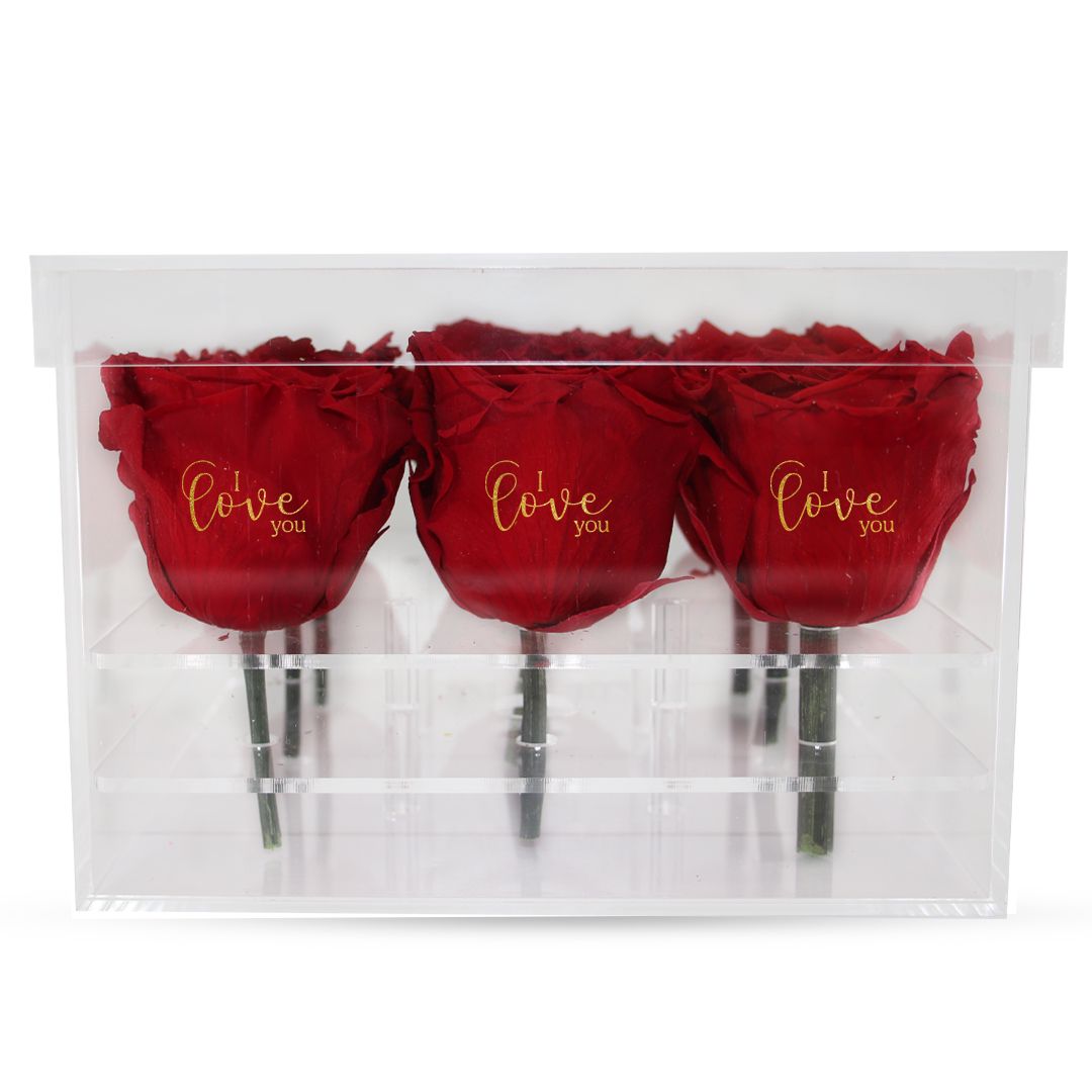 I love you - Acrylic Square Box (9 Preserved Rose Stem)