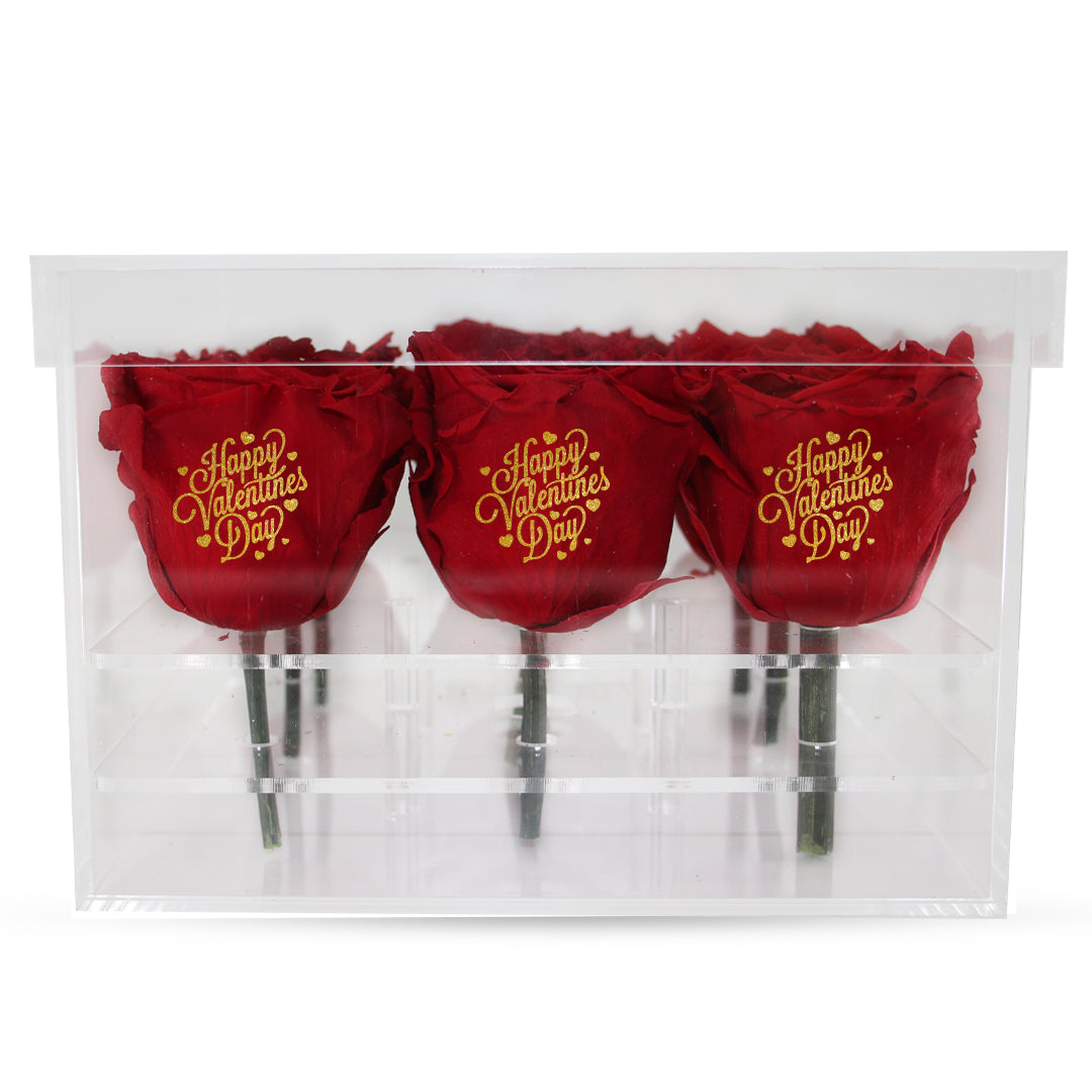 Valentine's day - Happy Valentines Day - Acrylic Square Box (9 Preserved Rose Stem)